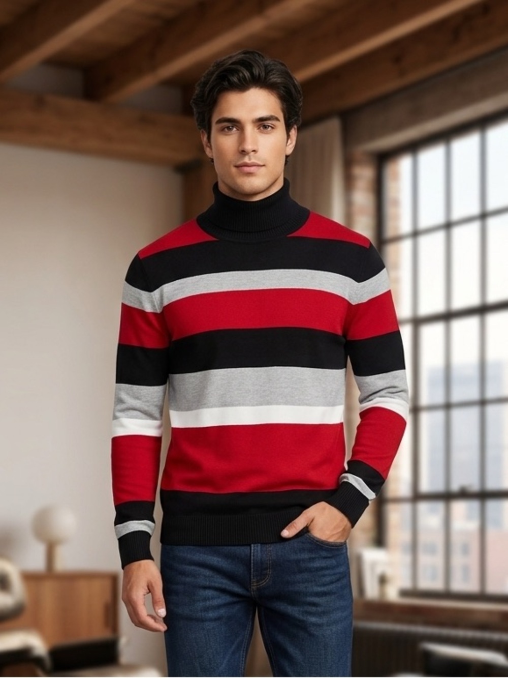 Take 50% OFF-Joseph A. Men's Striped Turtleneck Sweater-Red, Black & Gray, Sz-XL